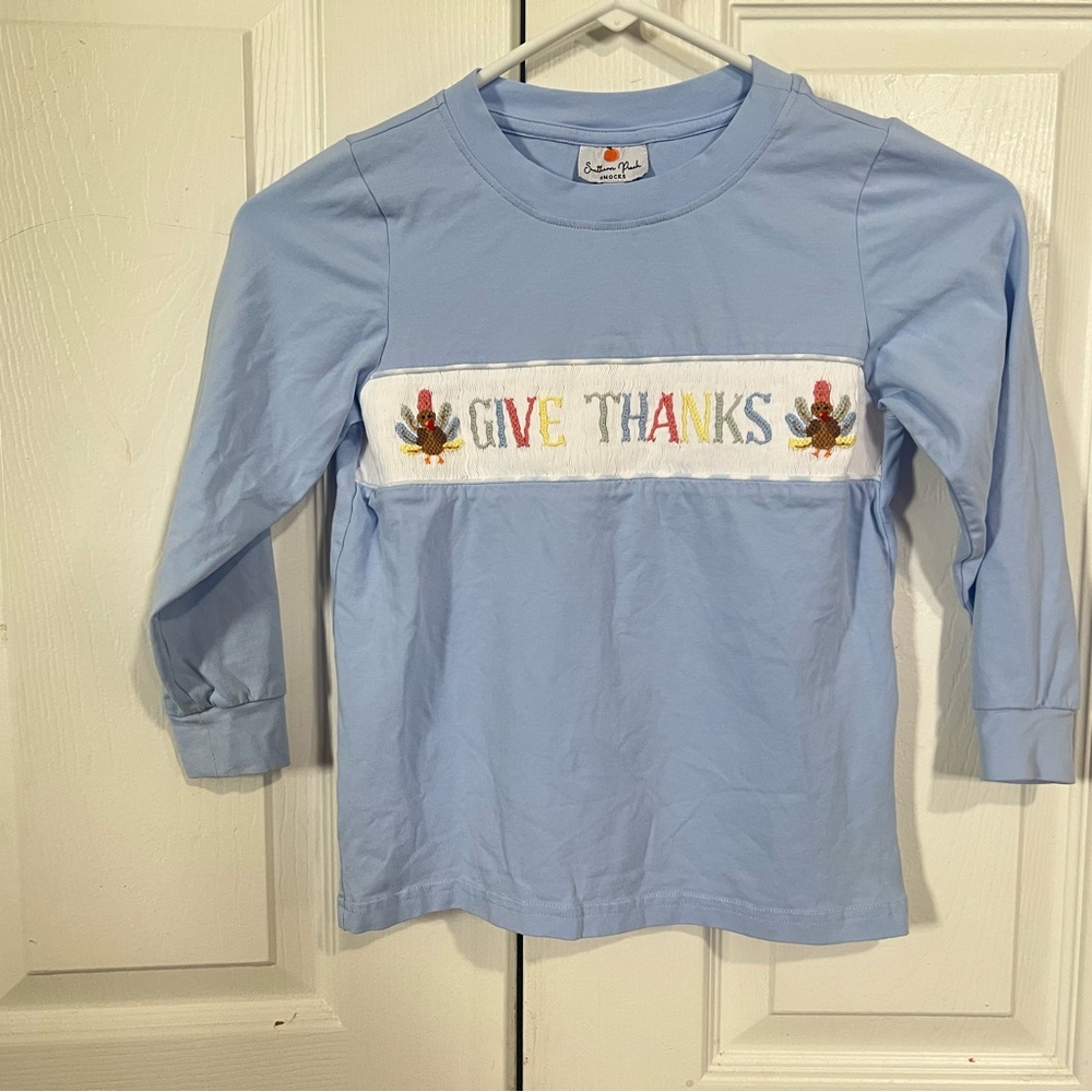 Southern Peach Smocks- Blue Shirt with 'Give Thanks' Embroidery